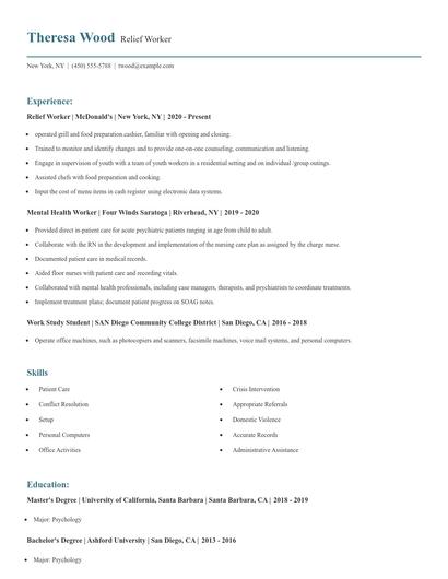 Relief Worker Resume