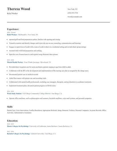 Relief Worker Resume