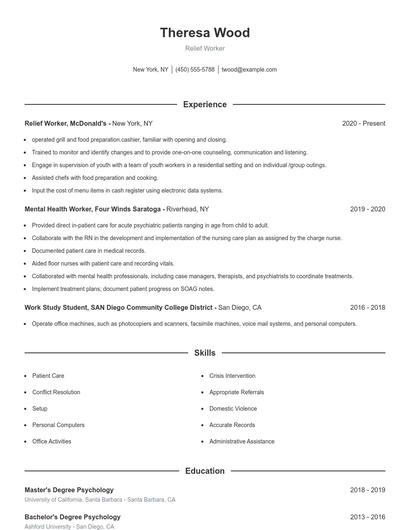 Relief Worker Resume