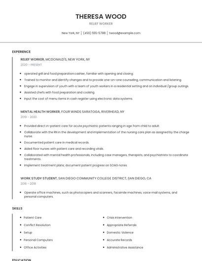 Relief Worker Resume