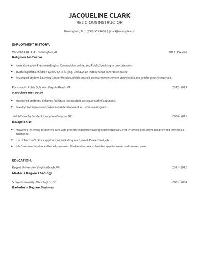 Religious Instructor Resume