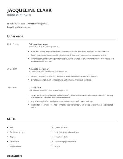 Religious Instructor Resume