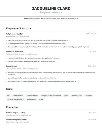 Religious Instructor Resume