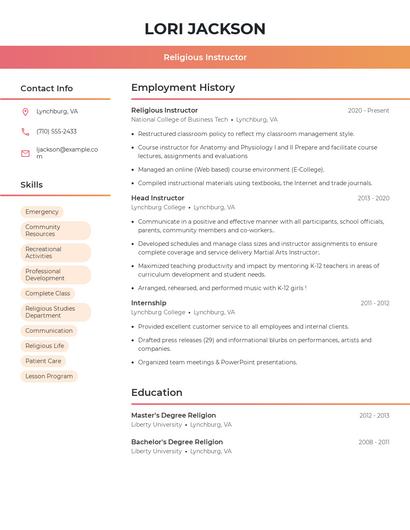 Religious Instructor Resume