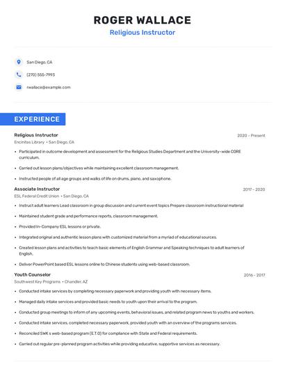 Religious Instructor Resume