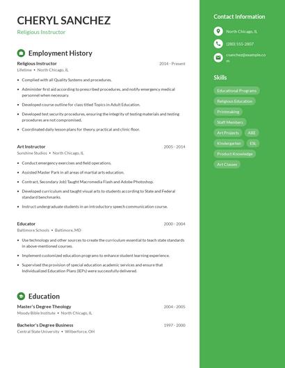 Religious Instructor Resume
