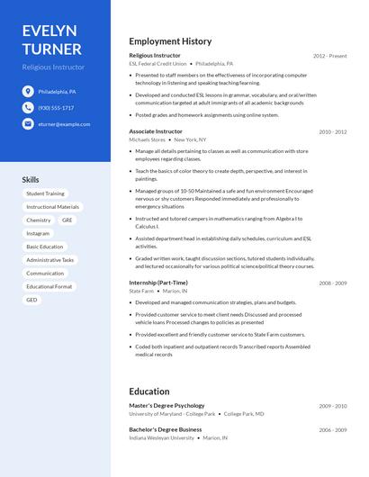 Religious Instructor Resume
