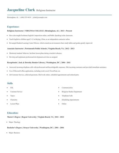Religious Instructor Resume