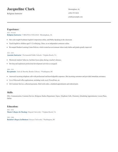 Religious Instructor Resume