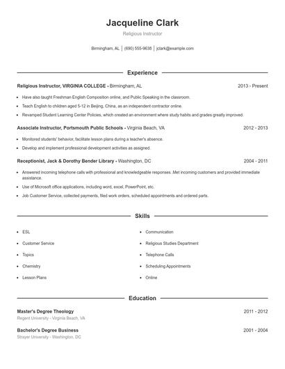 Religious Instructor Resume