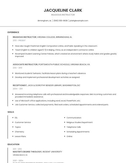 Religious Instructor Resume