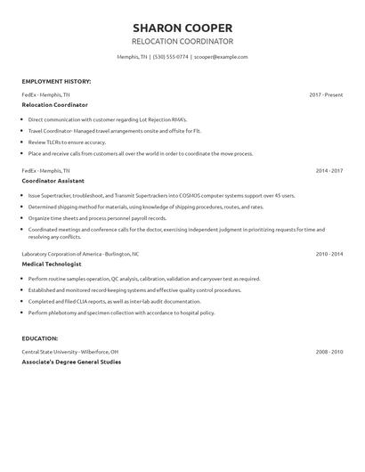 Relocation Coordinator Resume