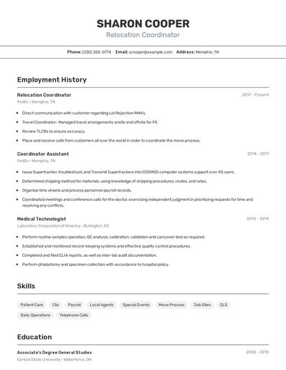 Relocation Coordinator Resume