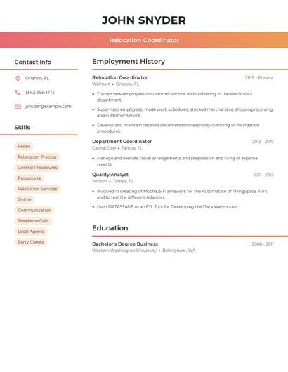 Relocation Coordinator Resume