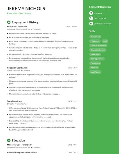 Relocation Coordinator Resume