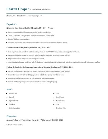 Relocation Coordinator Resume