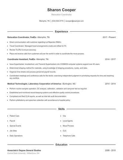 Relocation Coordinator Resume
