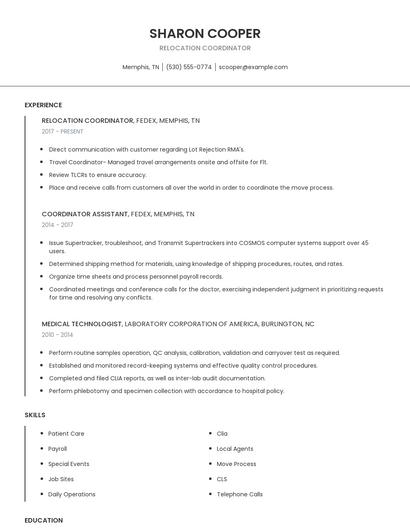 Relocation Coordinator Resume