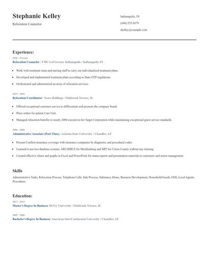 Relocation Counselor Resume