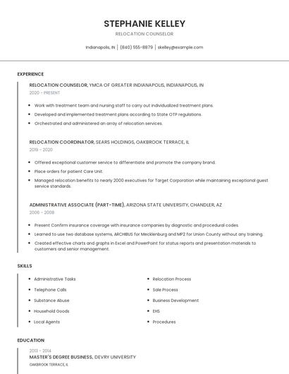 Relocation Counselor Resume