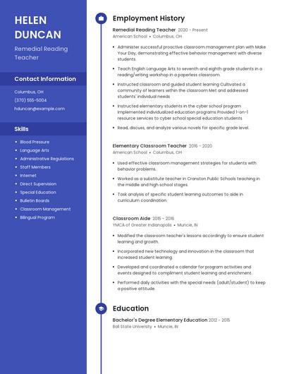 Remedial Reading Teacher Resume