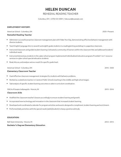 Remedial Reading Teacher Resume