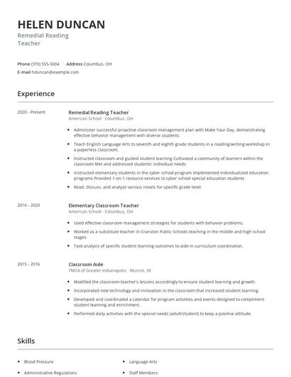 Remedial Reading Teacher Resume