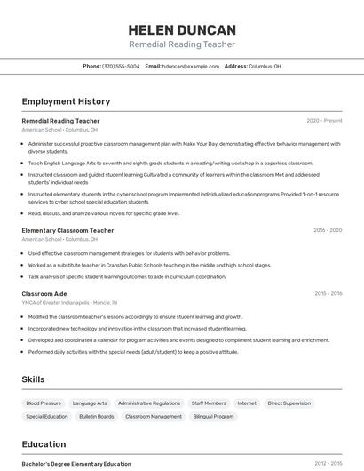 Remedial Reading Teacher Resume
