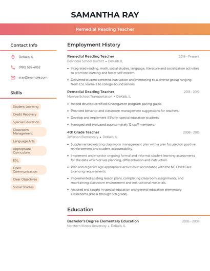 Remedial Reading Teacher Resume