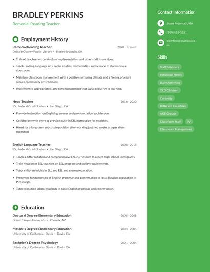 Remedial Reading Teacher Resume