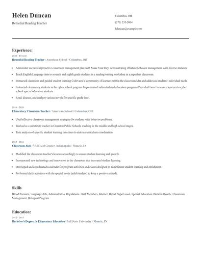 Remedial Reading Teacher Resume