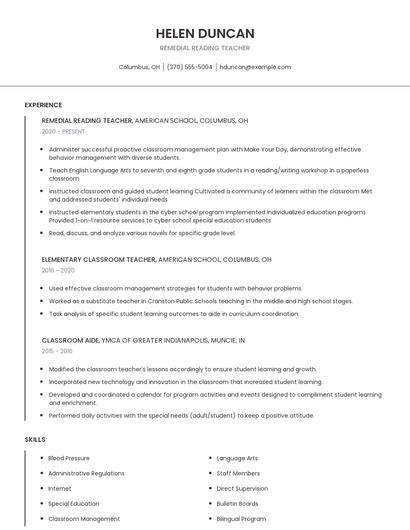 Remedial Reading Teacher Resume