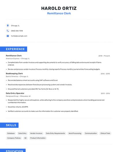 Remittance Clerk Resume