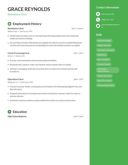 Remittance Clerk Resume