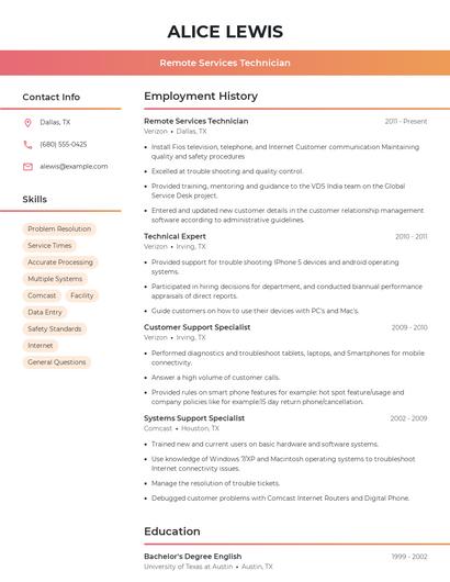 Remote Services Technician Resume