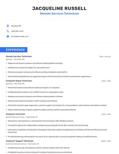 Remote Services Technician Resume