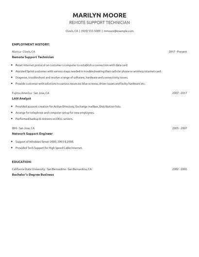 Remote Support Technician Resume