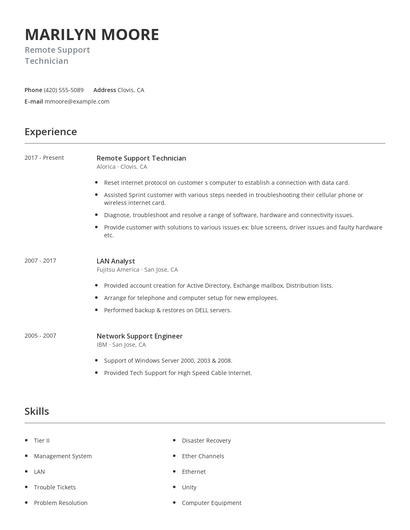 Remote Support Technician Resume