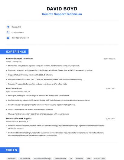 Remote Support Technician Resume