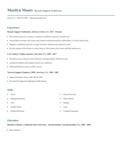 Remote Support Technician Resume
