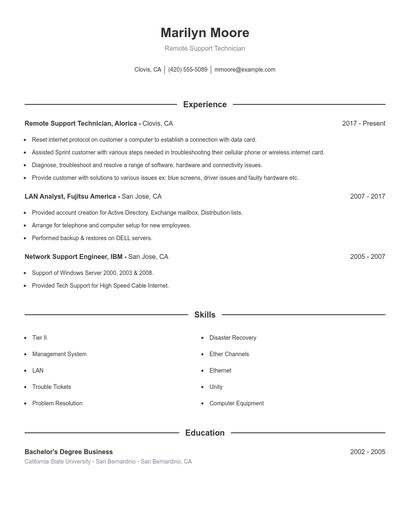 Remote Support Technician Resume