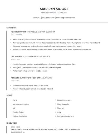 Remote Support Technician Resume