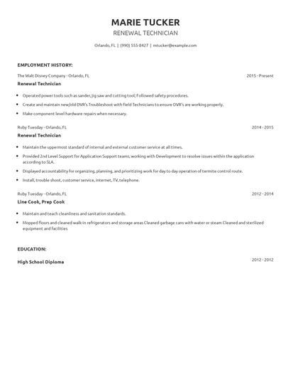 Renewal Technician Resume