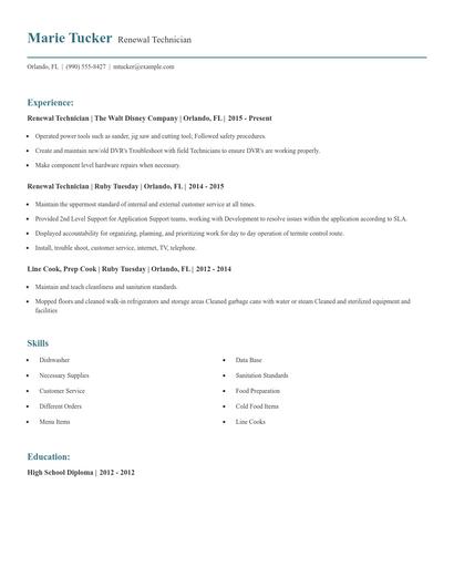 Renewal Technician Resume