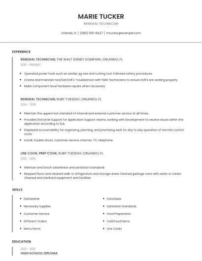 Renewal Technician Resume