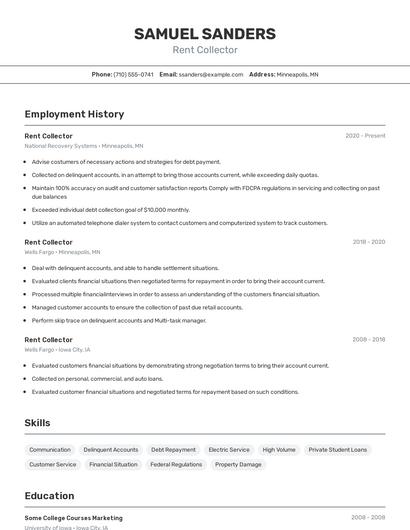 Rent Collector Resume
