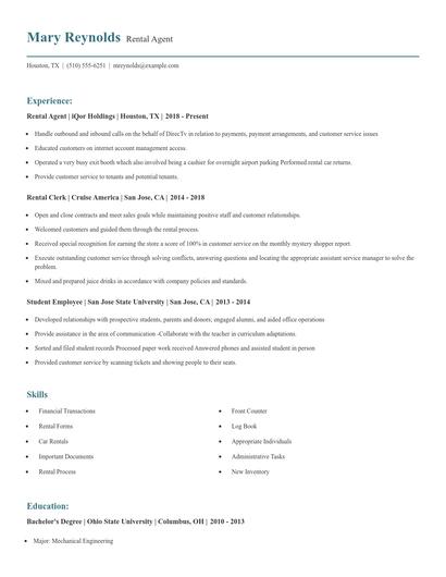 Rental Agent Resume