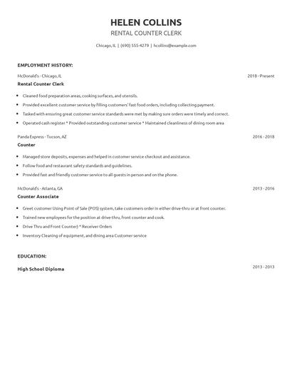 Rental Counter Clerk Resume