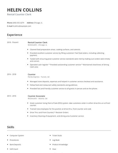 Rental Counter Clerk Resume
