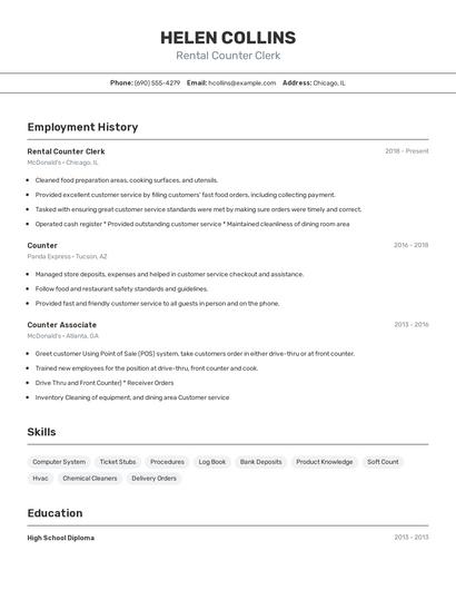 Rental Counter Clerk Resume